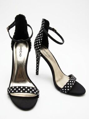 bebe Black and White Polka Dot Ankle-Strap Heels - Size 9